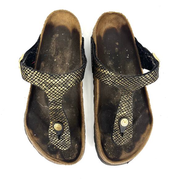 Birkenstock Women's 6.5 / 37 Gizeh Gold Embossed Microfiber Snake Thong Sandals - Picture 5 of 10